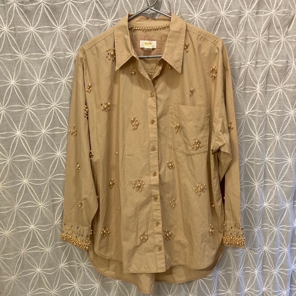 Maeve Beige Beaded Button-Down Shirt